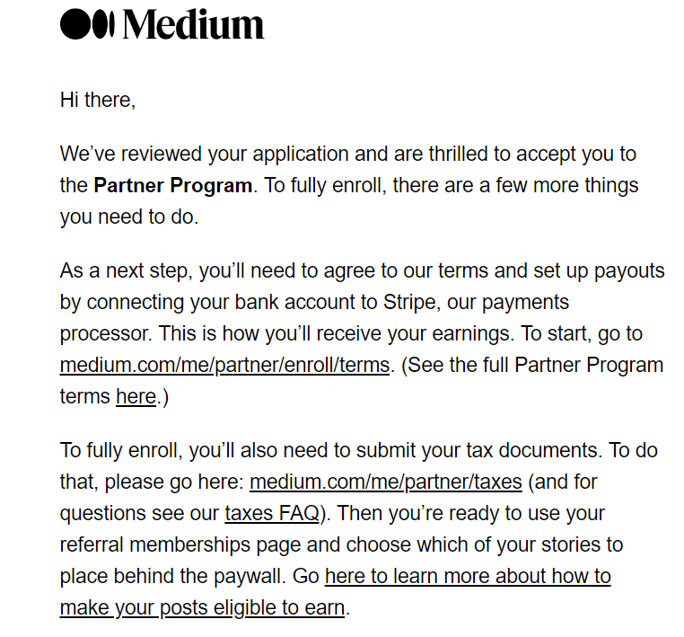 confirmation email of Medium partner program