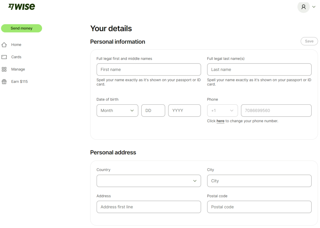 personal information Wise account creation